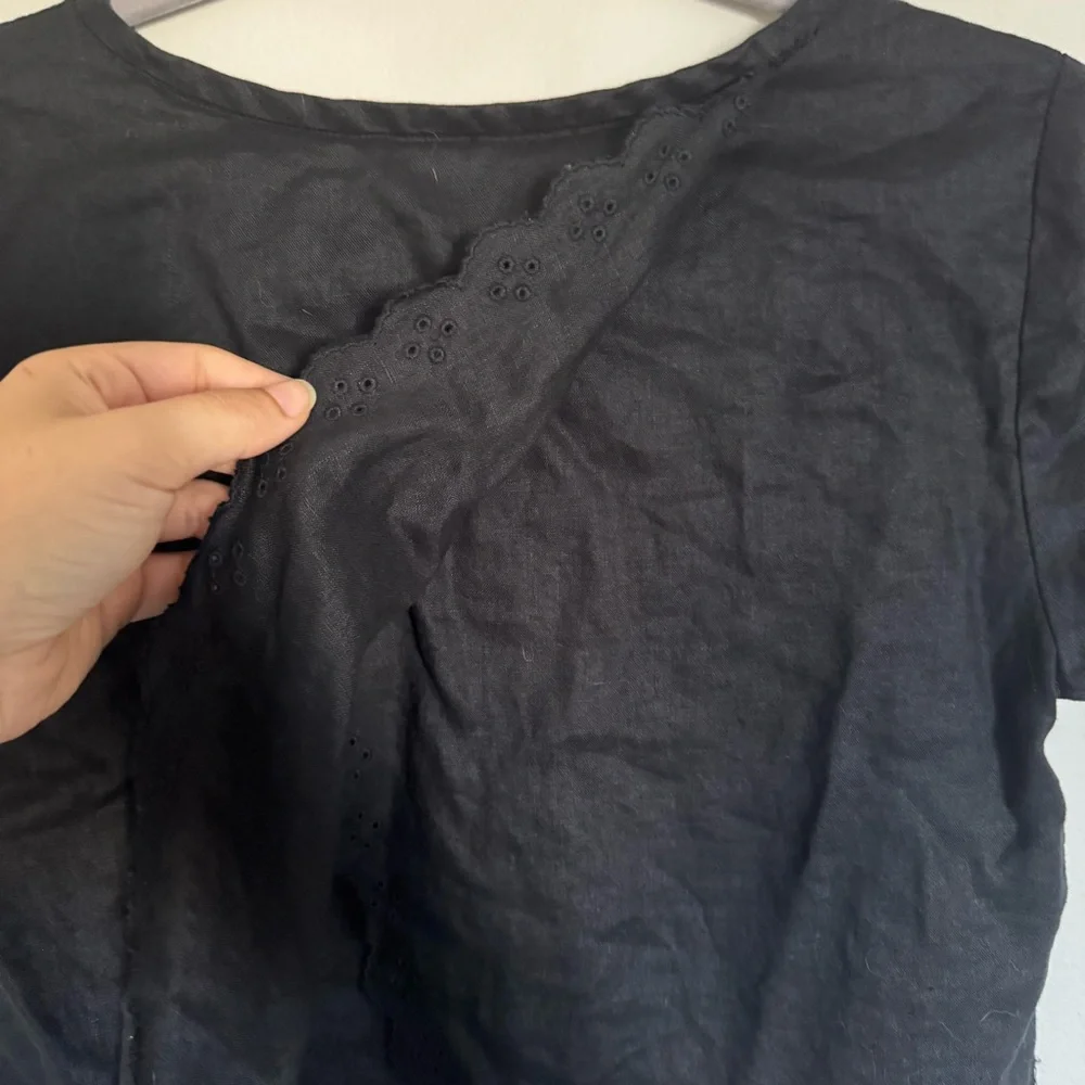 J. Crew Women Size 0 Linen Eyelet Lace Black Cross Open Back Blouse Top